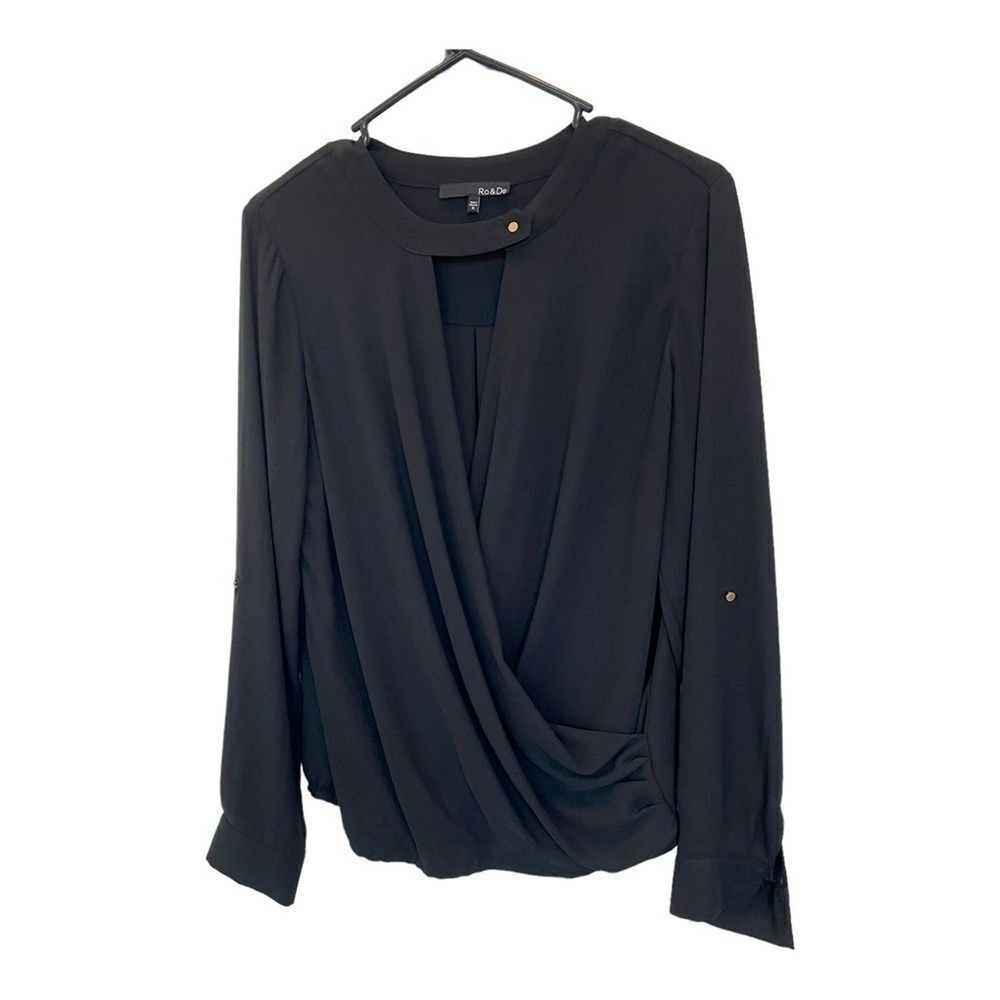 Ro & De Womens Top Blouse Long Roll Tab Sleeve Surplice Black Choker M